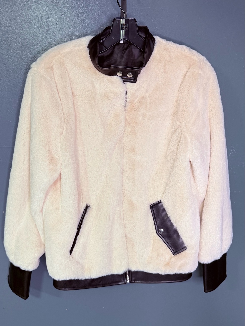 Faux Fur Cream Bomber Jacket with Black Trim